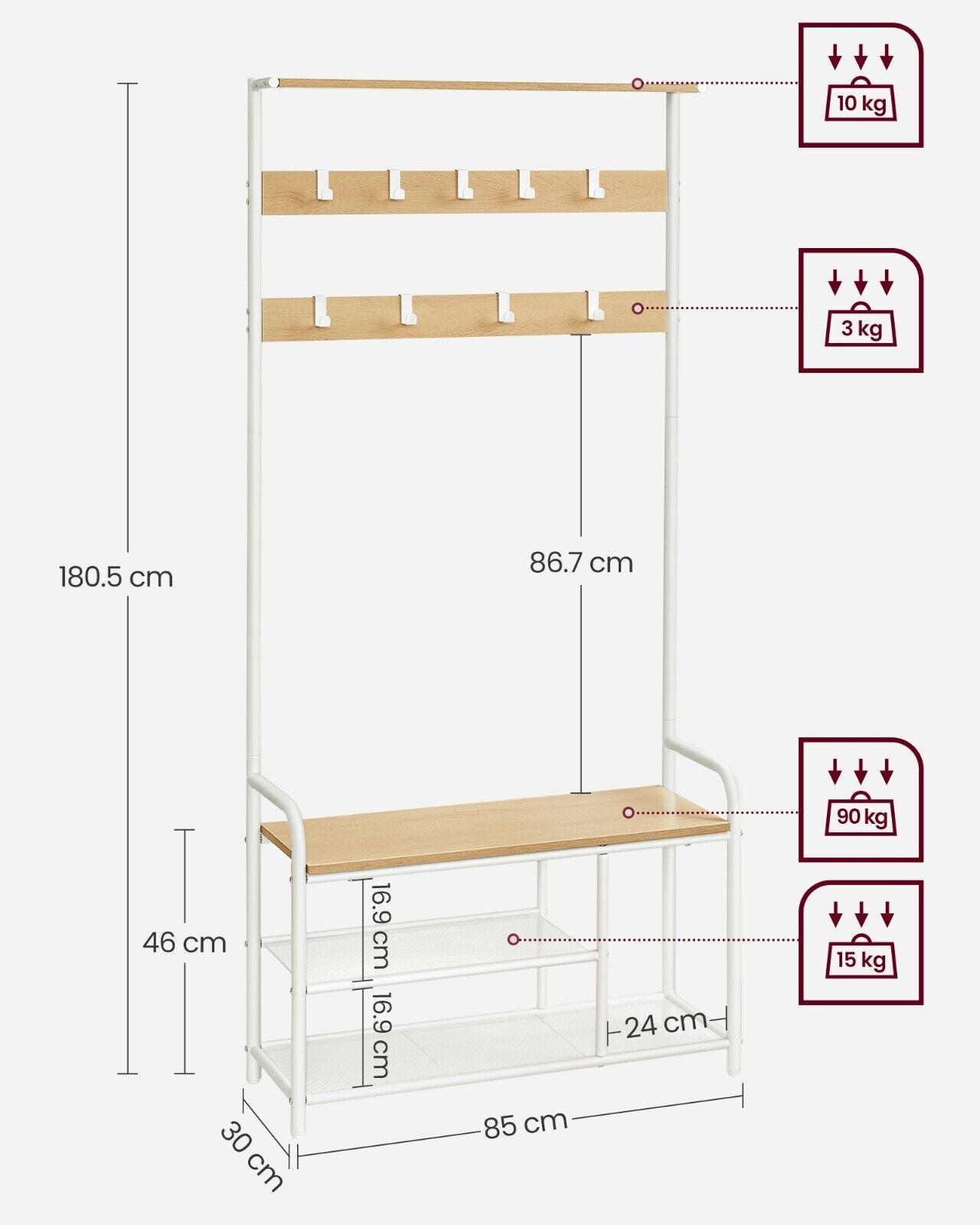 Coat Rack Stand Hall Tree with Bench and Shoe Storage Oak and White