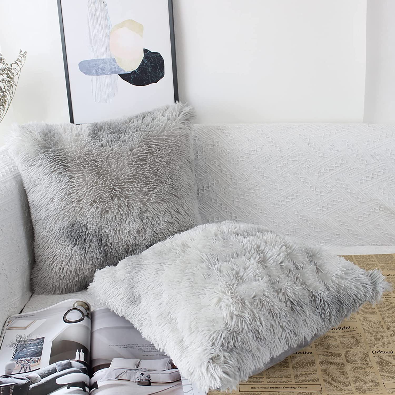 Set of 2 40 x 40cm Faux Fur Fluffy Cushion Covers Soft Throw Pillow Case 16x16 Grey Decorative Square Plush Pillowcase for Livingroom Sofa Bedroom