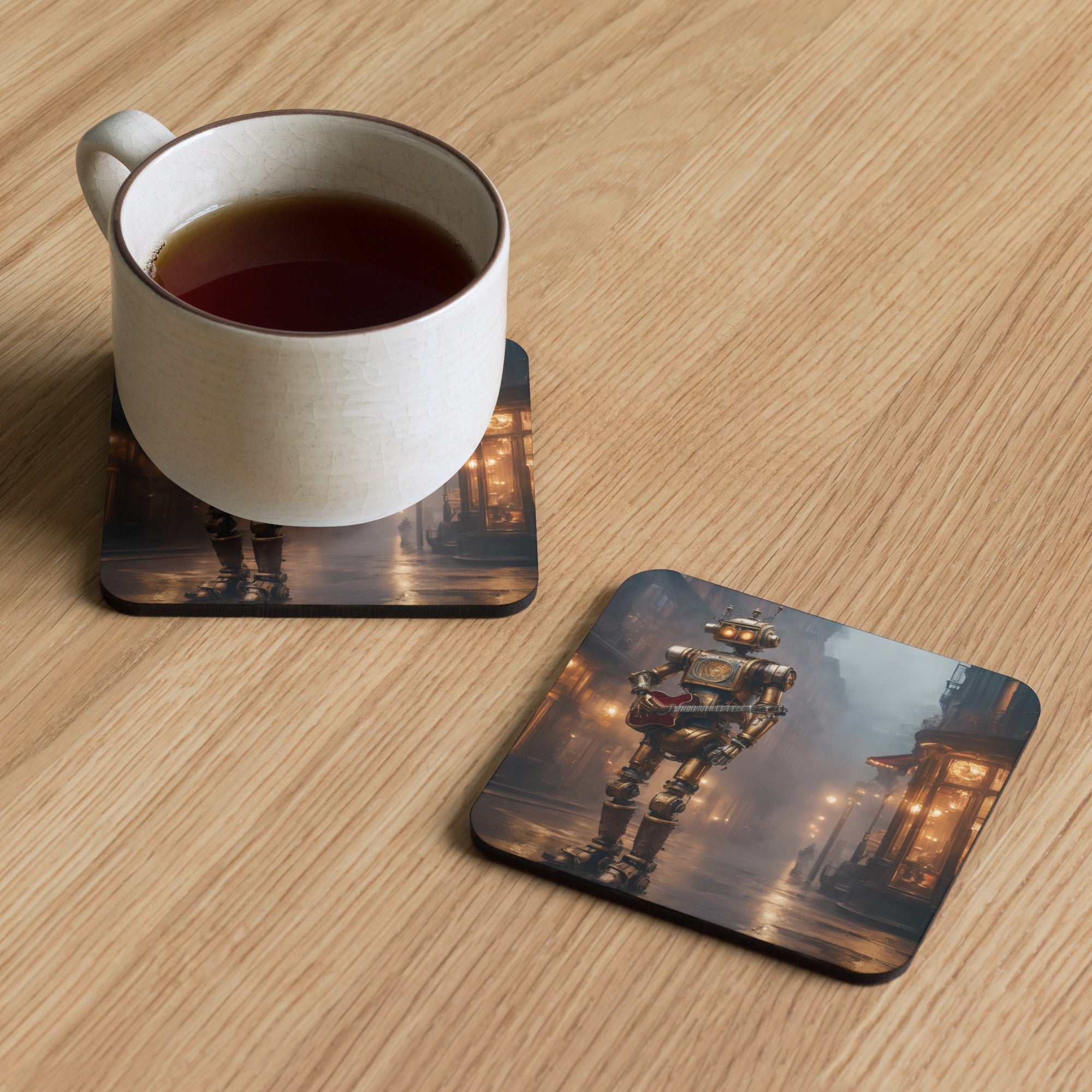 Steampunk Robot Holding Guitar Cork-back coaster