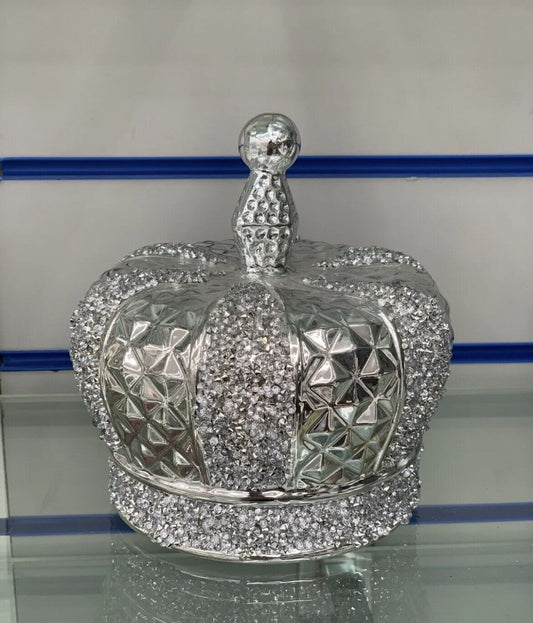 Stunning Silver Crushed Diamond Sparkly Crown King Queen Ornament Shelf Sitter