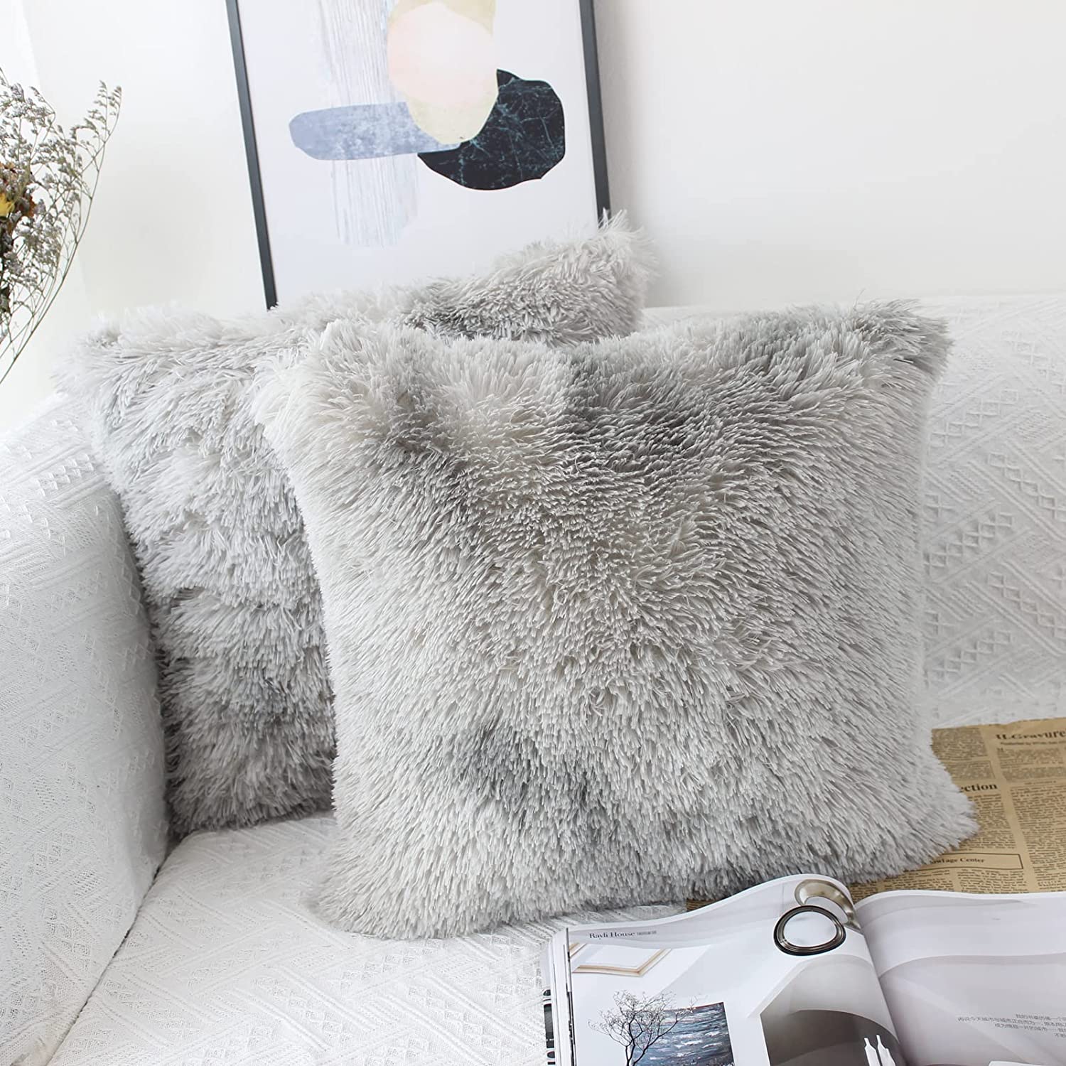 Set of 2 40 x 40cm Faux Fur Fluffy Cushion Covers Soft Throw Pillow Case 16x16 Grey Decorative Square Plush Pillowcase for Livingroom Sofa Bedroom