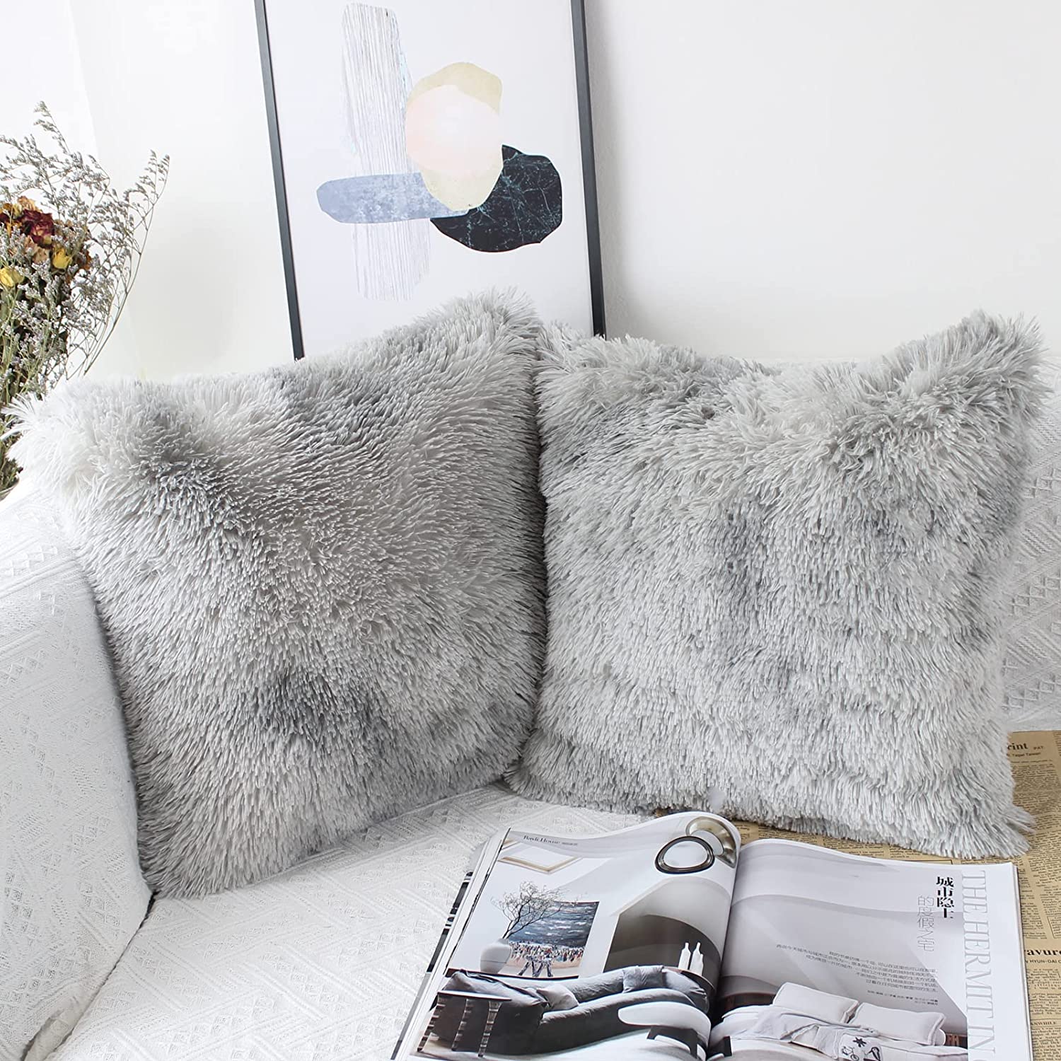 Set of 2 40 x 40cm Faux Fur Fluffy Cushion Covers Soft Throw Pillow Case 16x16 Grey Decorative Square Plush Pillowcase for Livingroom Sofa Bedroom