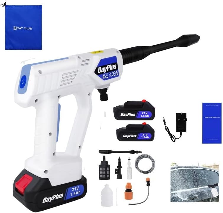 Cordless Power Washer Portable Pressure Washer 174PSI High Pressure Cleaner Jet Car Washer Gun with 2x1.5Ah Battery,Charger,Nozzles, Foam Generator,Hose,for Patio Cleaning and Car Washing