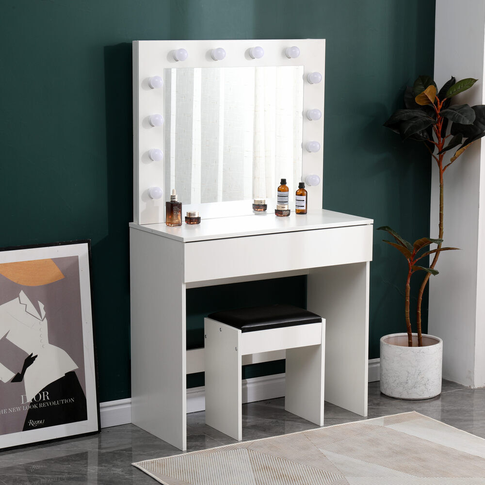 Dressing Table with LED Mirror Modern Makeup Desk Vanity Table Set + Stool