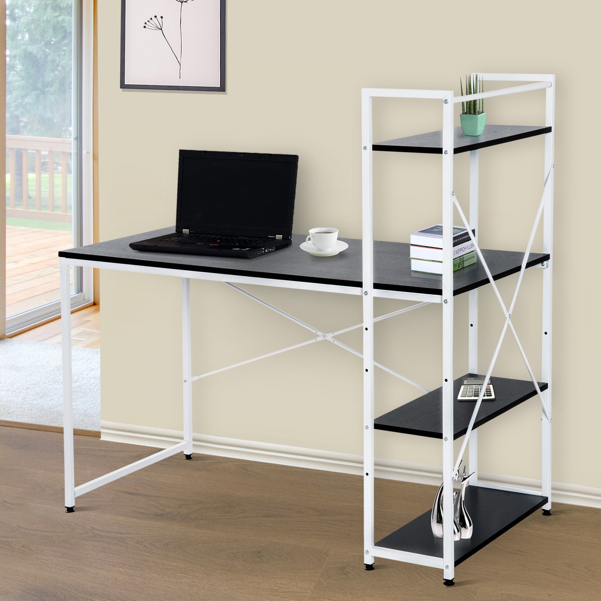 Computer Desk PC Workstation Laptop Table w/4-tier Open Bookshelf Home Office