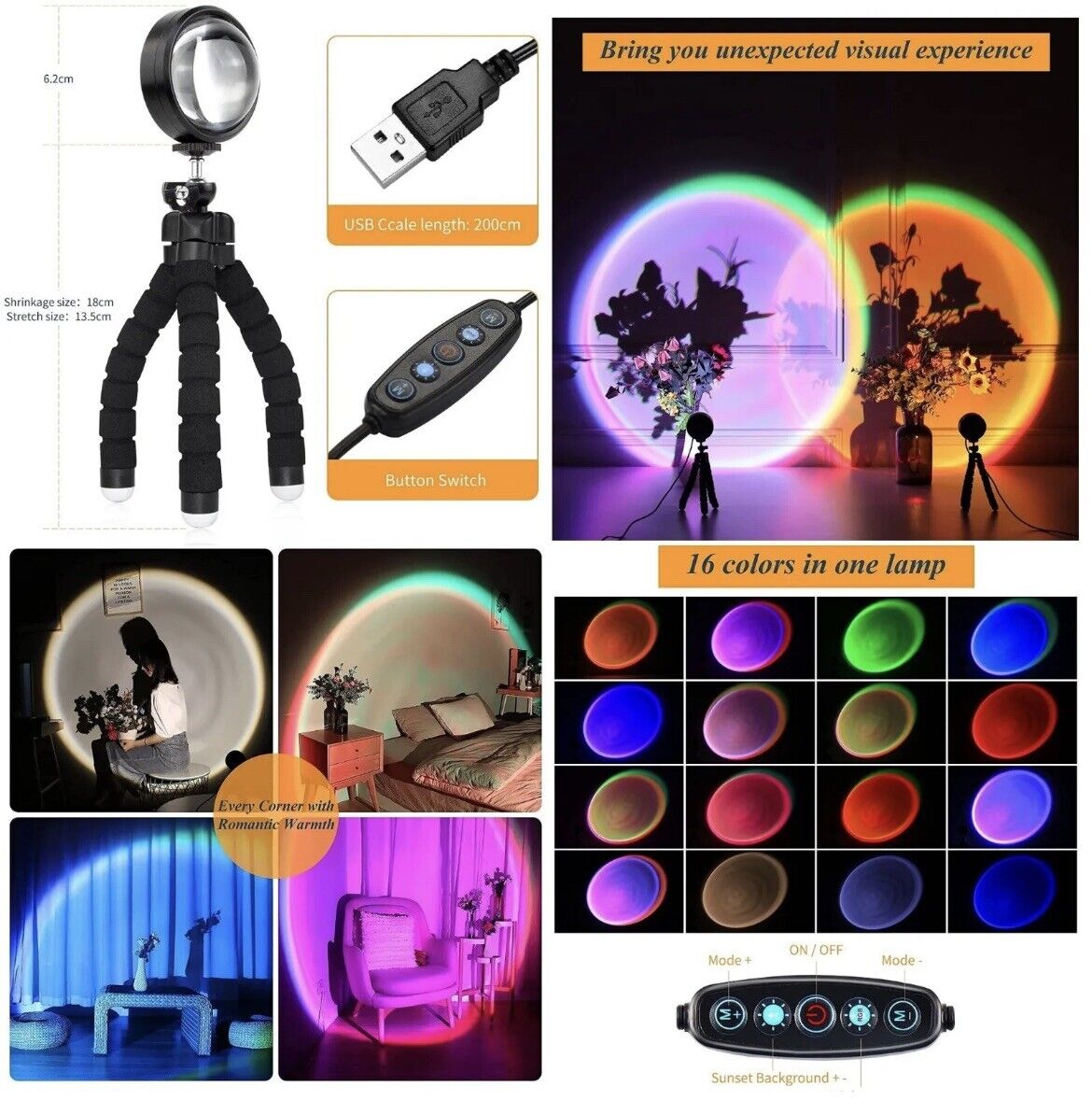 Sunset Lamp Rainbow Mood Night Light 360 Degree Rotation Projector LED