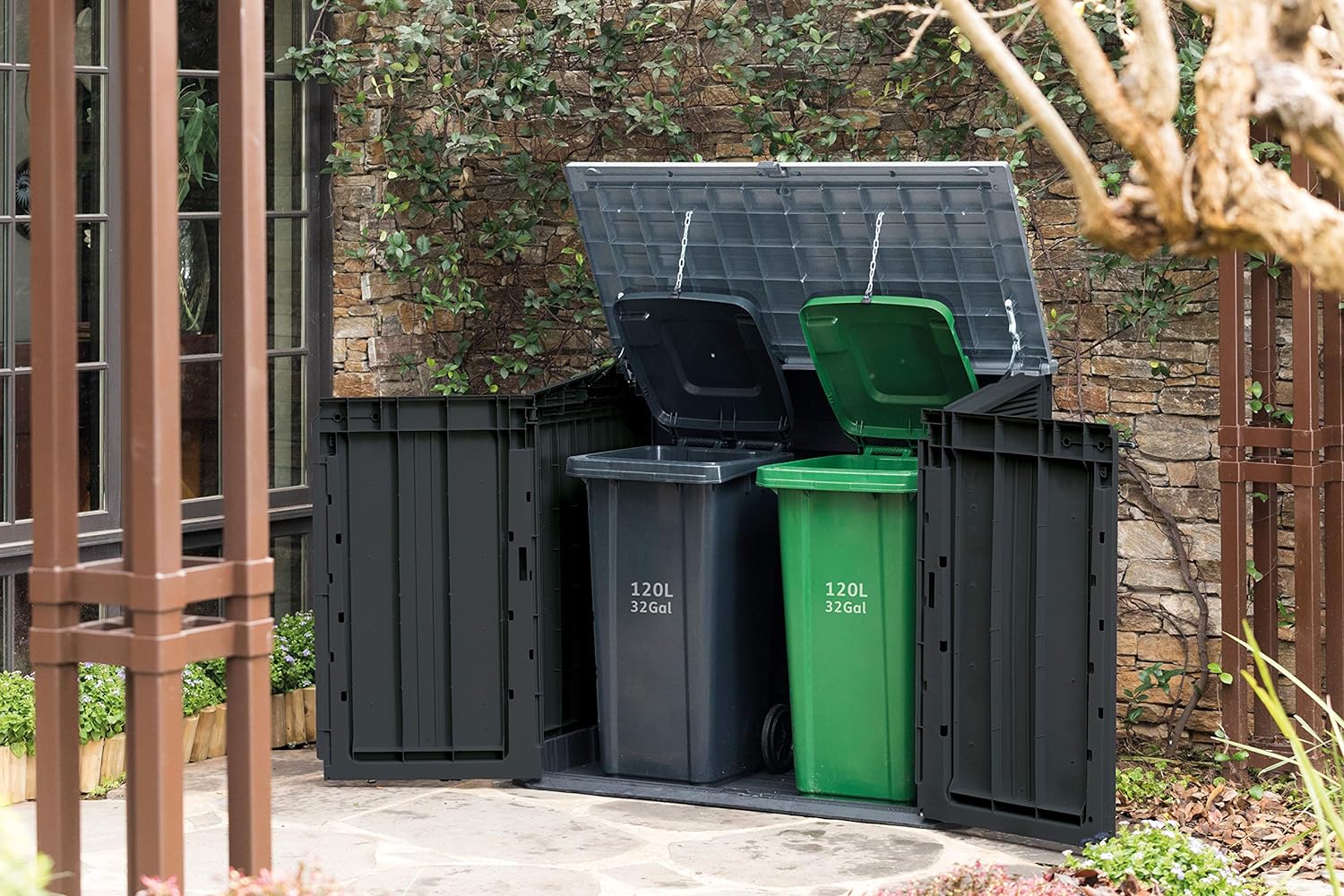 Outdoor Garden Storage Shed, 132 x 71.5 x 113.5 cm, Dark Grey with Light Grey Lid