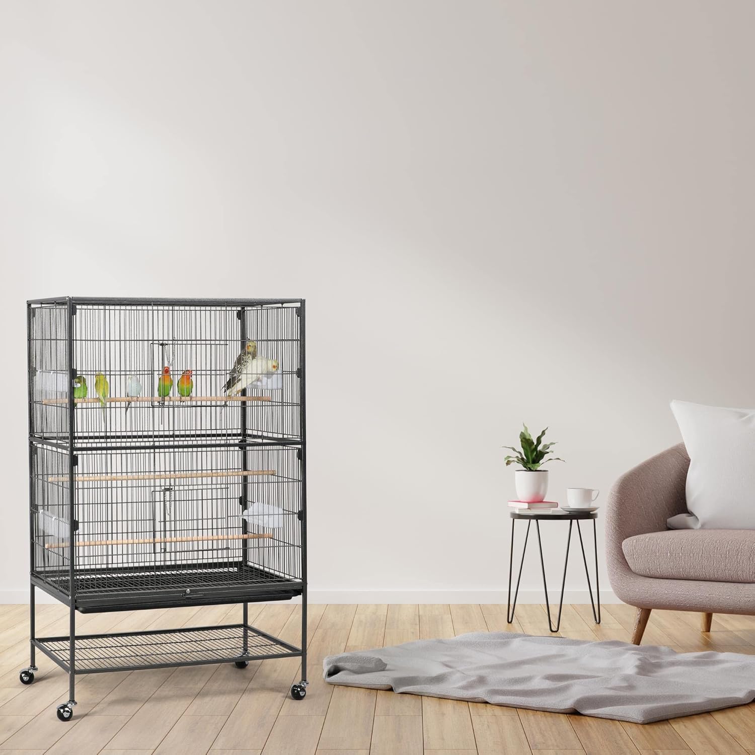 132cm Large Parrot Bird Cage for Cockatiel Lovebird Durable Frame With Perch Stand and Wheels Black