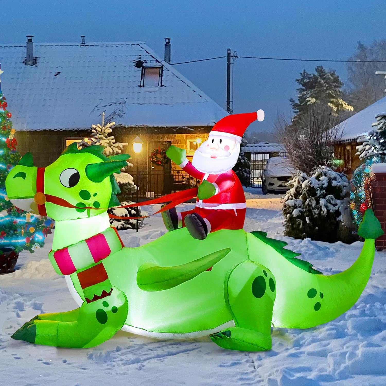 6 FT Long Christmas Dragon Inflatable Long Santa Riding a Green Dragon