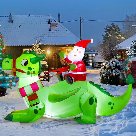 6 FT Long Christmas Dragon Inflatable Long Santa Riding a Green Dragon