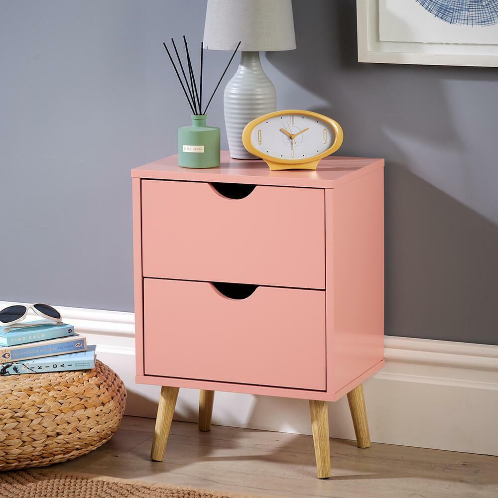 Pink 2 Drawer Bedside Cabinet Wooden Side Lamp Table Nightstand Scandi Legs