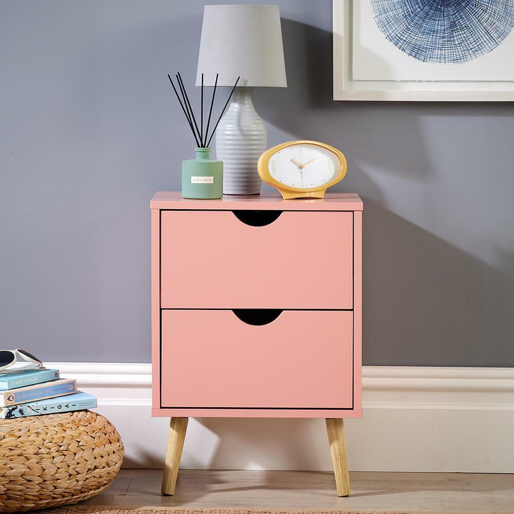 Pink 2 Drawer Bedside Cabinet Wooden Side Lamp Table Nightstand Scandi Legs