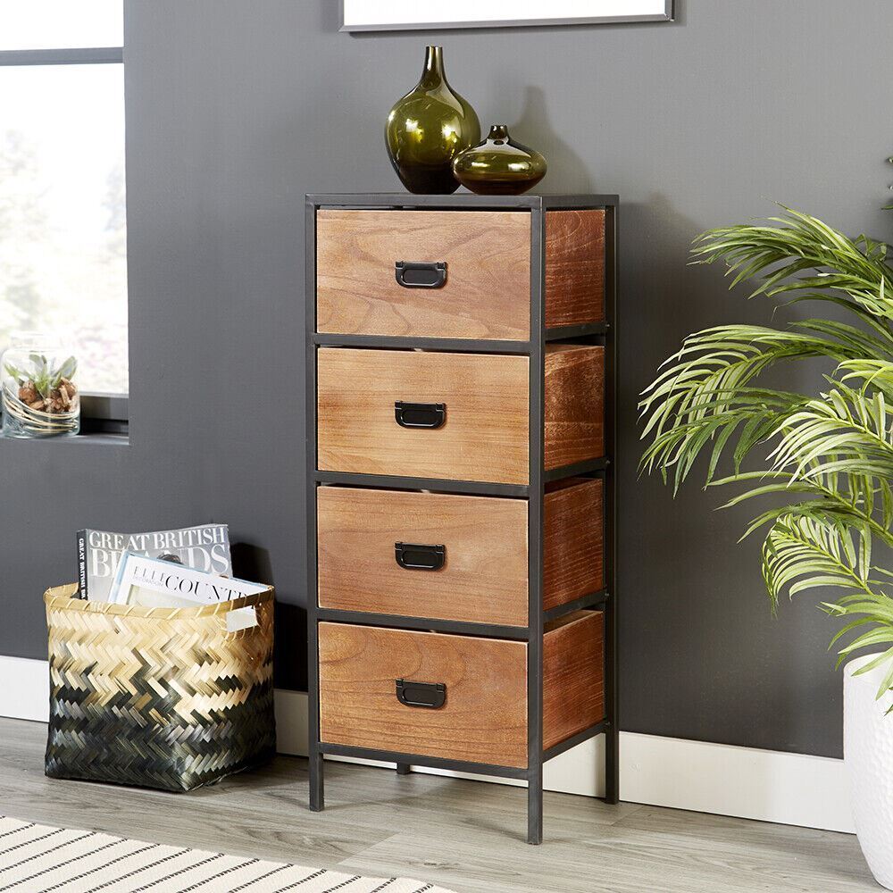 Chest 4 Drawers Tall Rustic Dark Brown Metal Handles Home Living Furniture