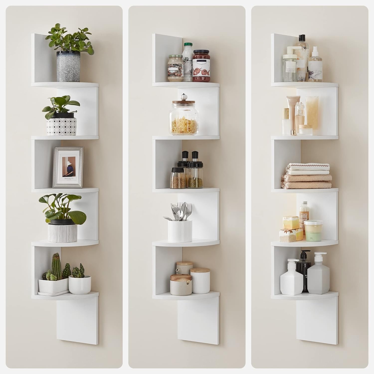 Corner Shelf, 5-tier Floating Wall Shelf With Zigzag Design, Bookshelf, White