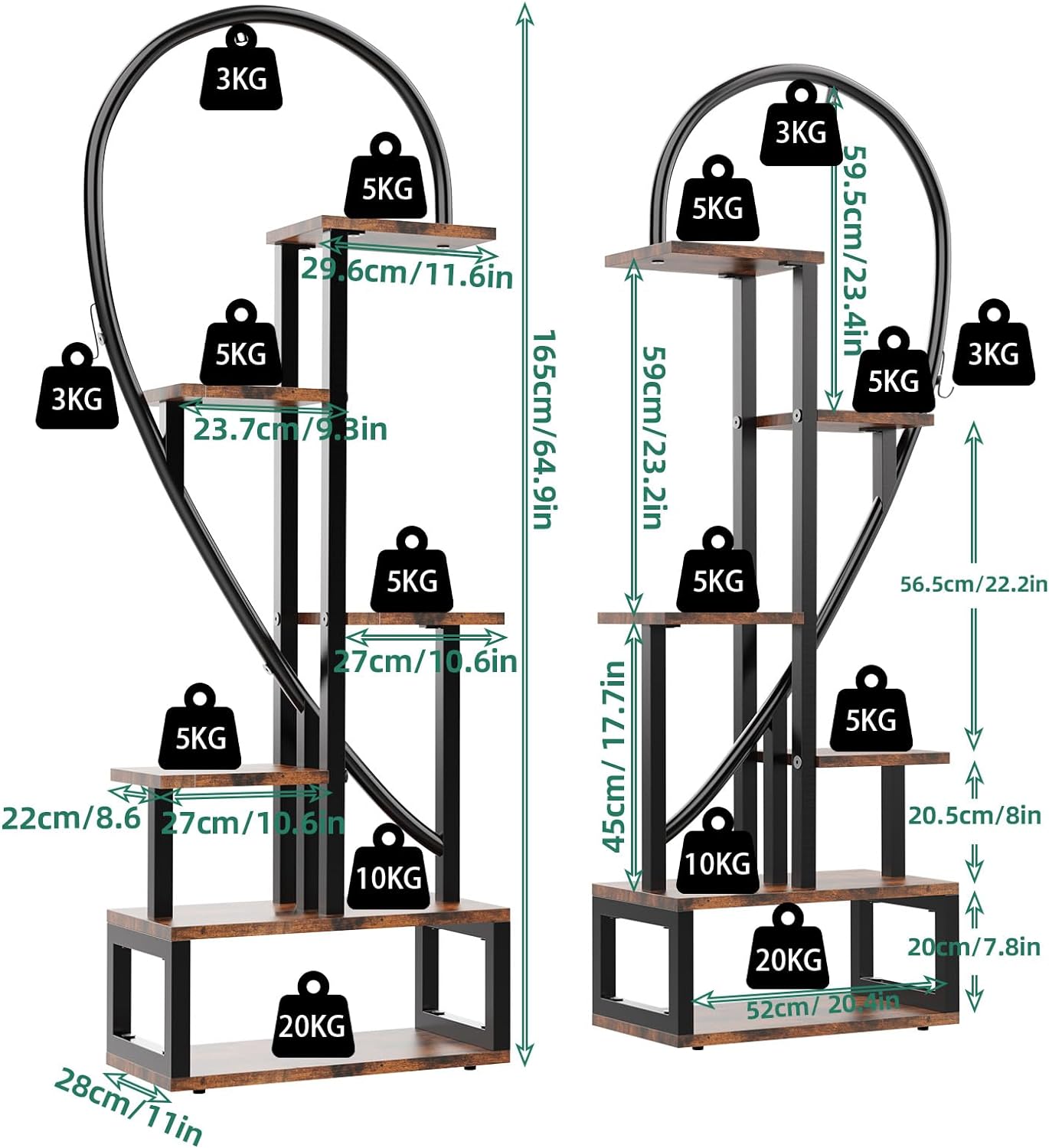 6-Tier Indoor Plant Stand: Tall Wood and Metal Plant Shelf Storage Large Flower Pots Display Ladder Rack Multi-Purpose Storage Unite Shelf for Garden Balcony Living Room Heart Shaped