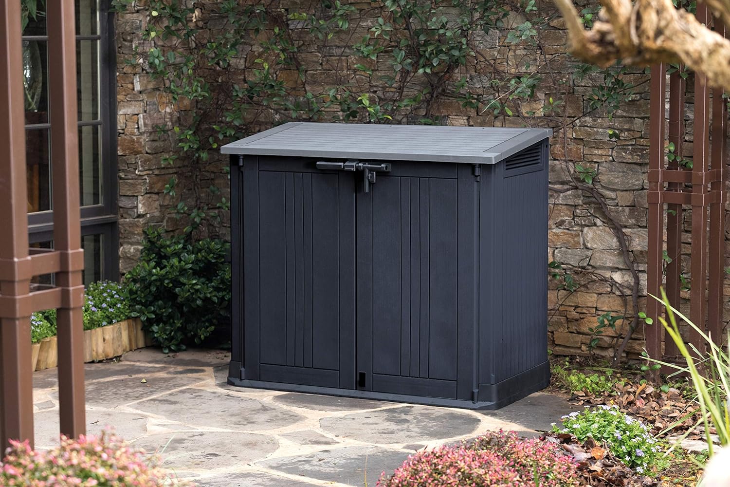 Outdoor Garden Storage Shed, 132 x 71.5 x 113.5 cm, Dark Grey with Light Grey Lid