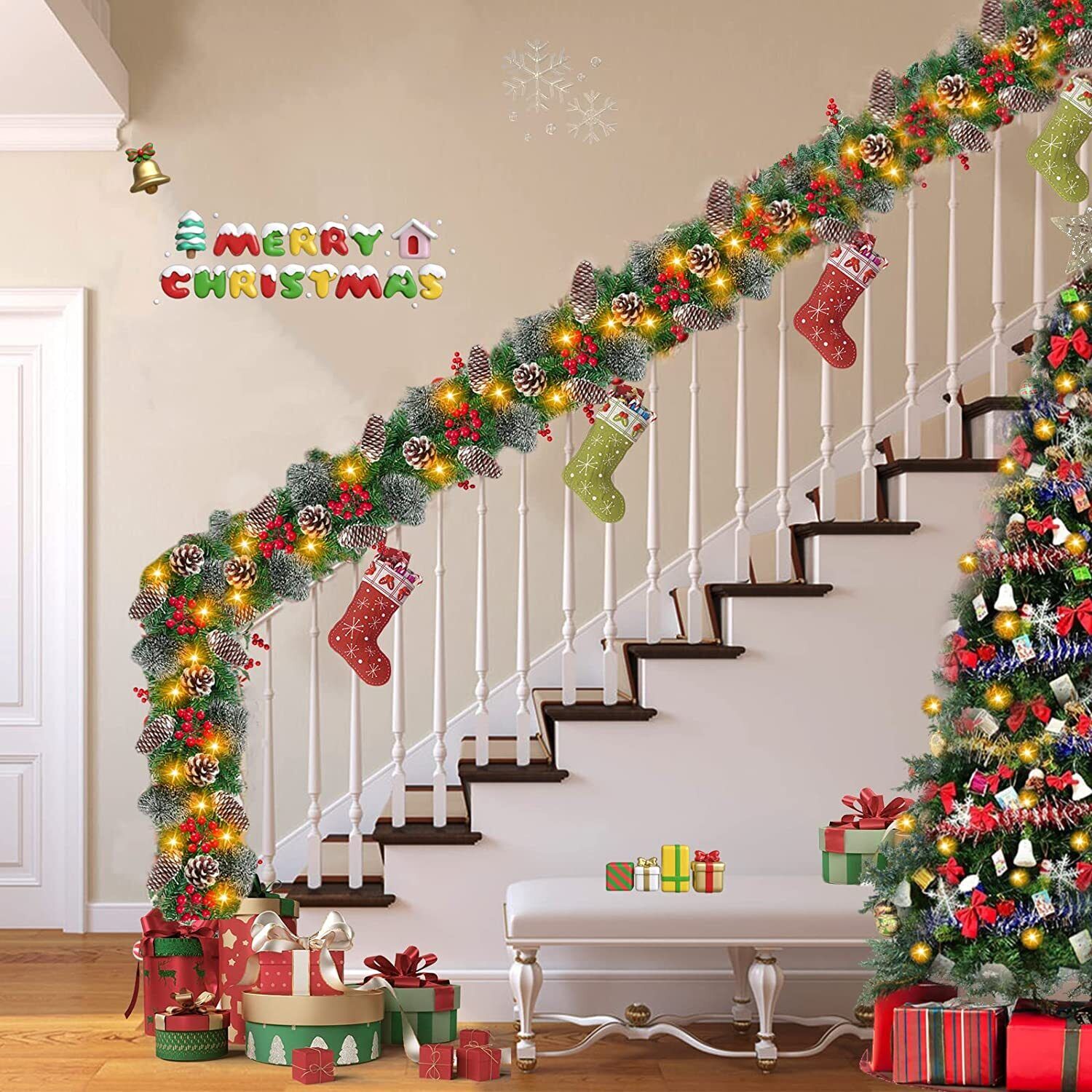 9FT Christmas Garland with Lights and Pine Cone Wreath Stairs Fireplaces Decor