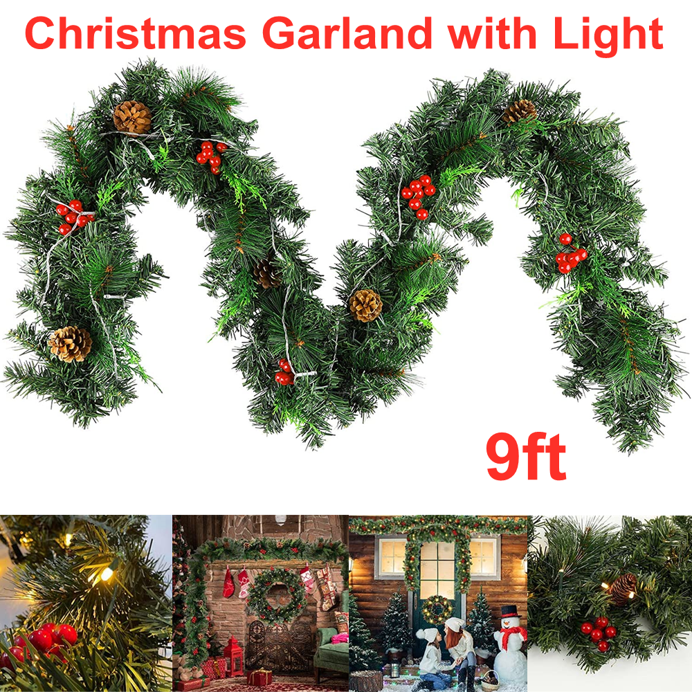 9FT Christmas Garland with Lights and Pine Cone Wreath Stairs Fireplaces Decor