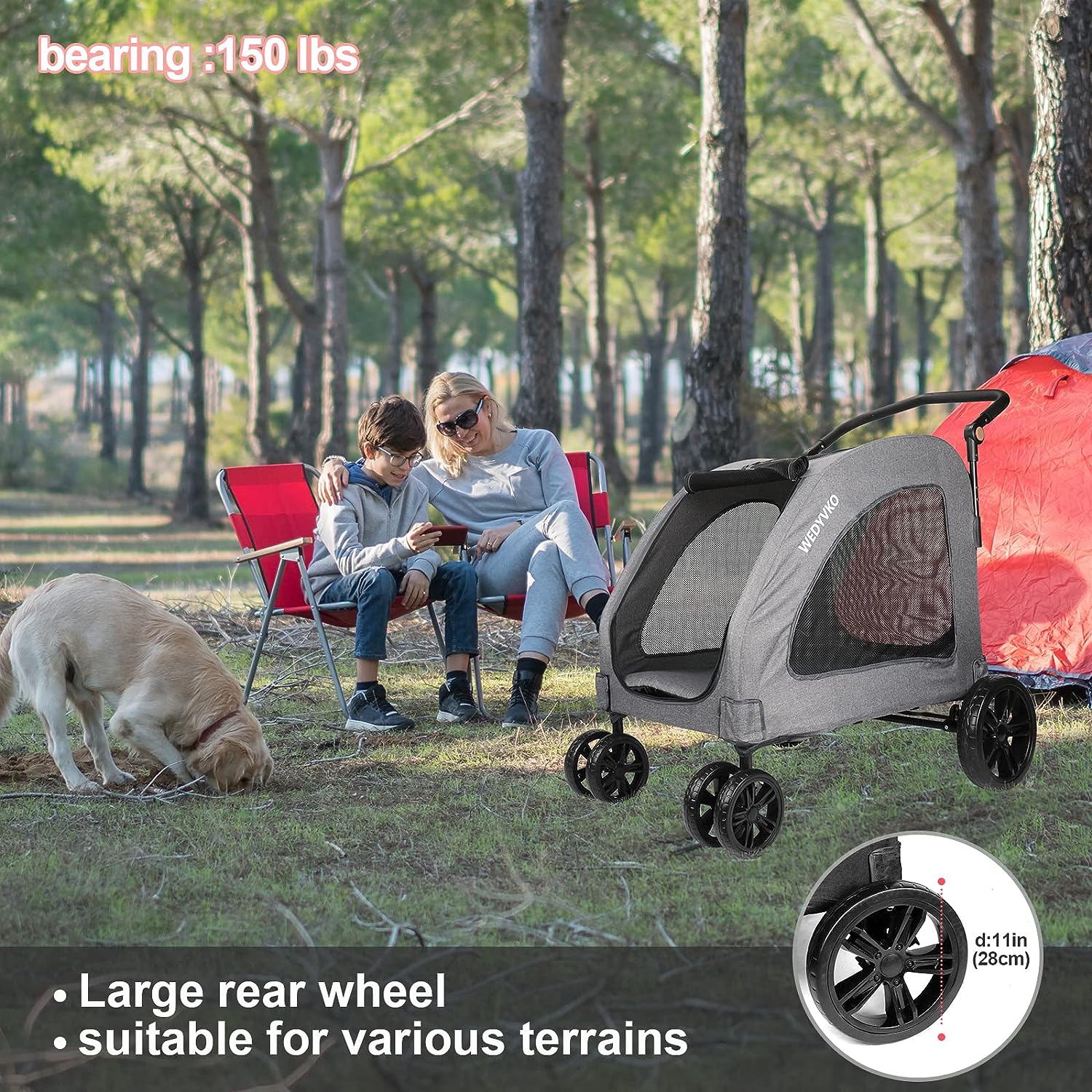 Dog Stroller Foldable Pet Jogger Stroller for Single or Multiple Medium and Large Dogs Travel Carrier Breathable Animal Stroller with 4 Wheels, Adjustable Handle, Zipper EntryUp to 160 lbs (Gray)