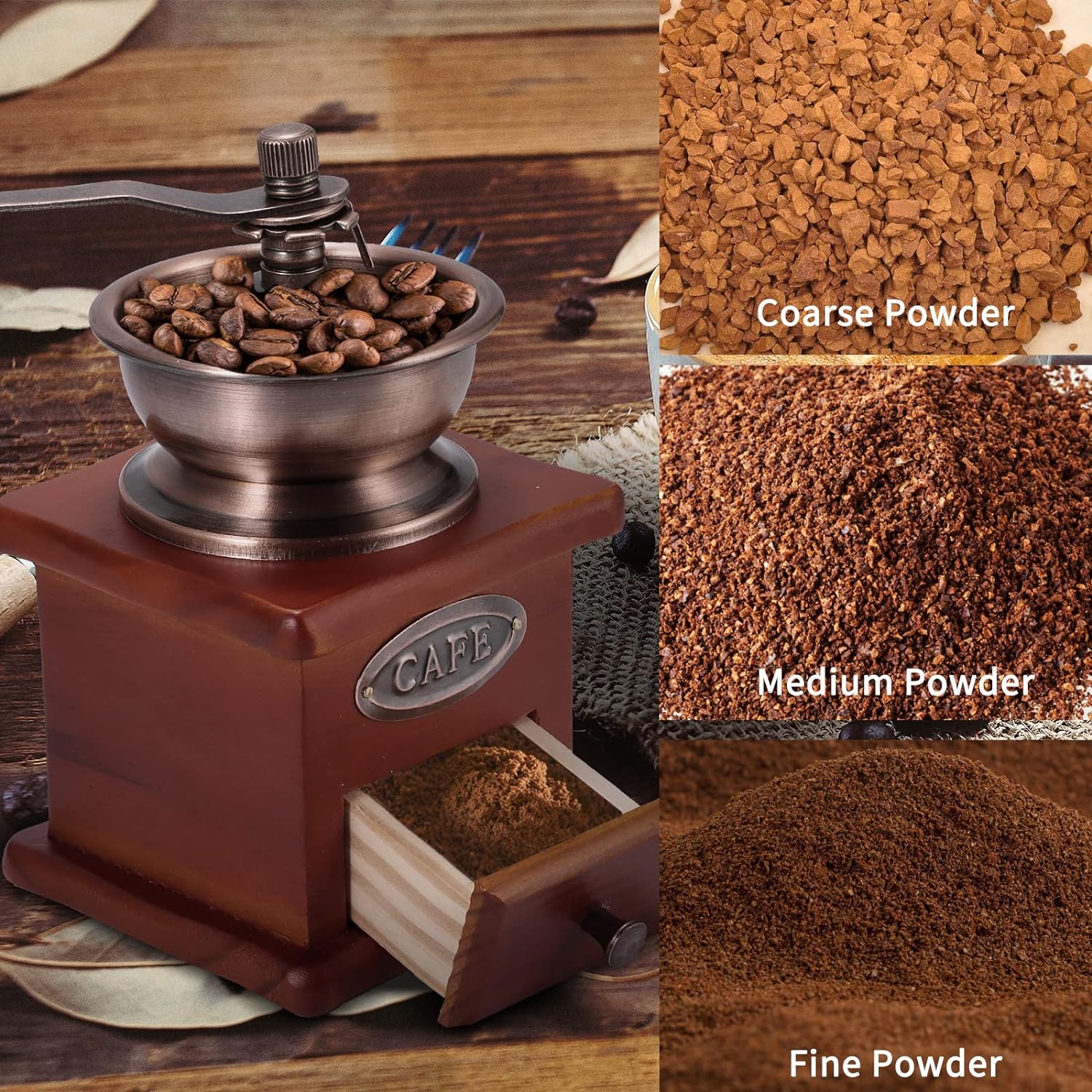 Manual Coffee Grinder, Adjustable Coarseness Coffee Mill Grinder Coffee Bean Grinder Vintage Antique Wooden Hand Grinder Hand Held Coffee Mill for Kitchen Camping