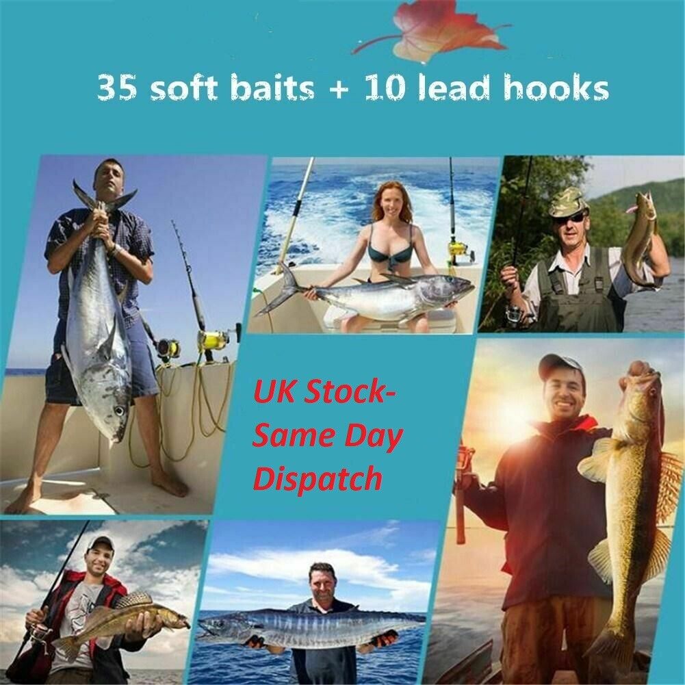 35 Pcs Soft Worm Fishing Baits Lures + 10 Lead Jig Head Hooks Simulation Tackle