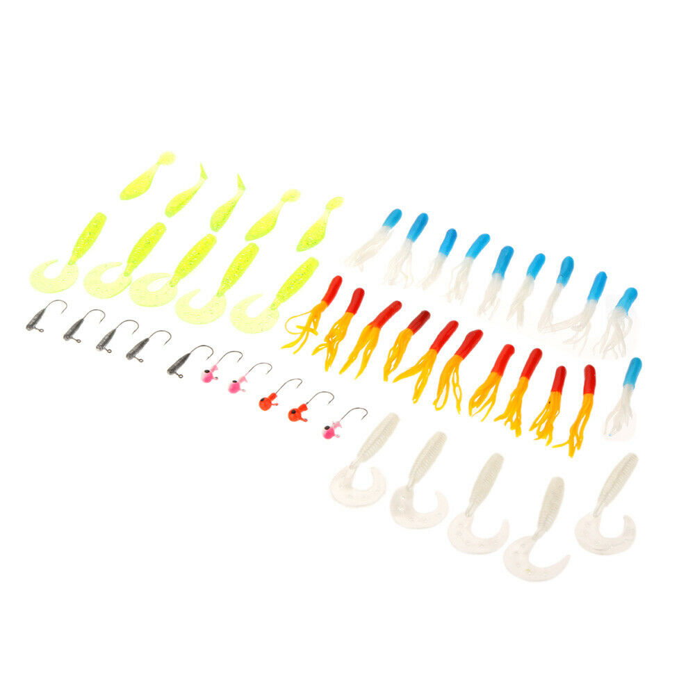 35 Pcs Soft Worm Fishing Baits Lures + 10 Lead Jig Head Hooks Simulation Tackle