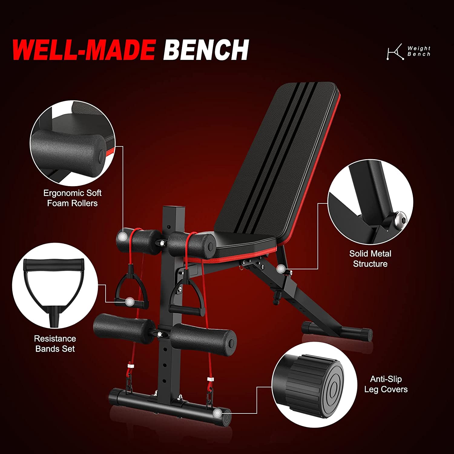 Weight Bench Adjustable, Full Body Exercise Folding Fitness Workout Bench with 7 Positions