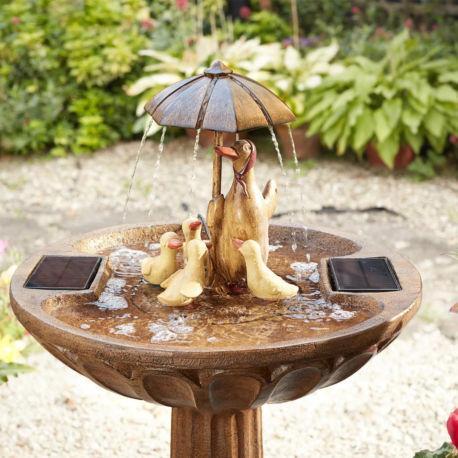 Smart Garden Duck Family Umbrella Outdoor Solar Powered Water Fountain Bird Bath