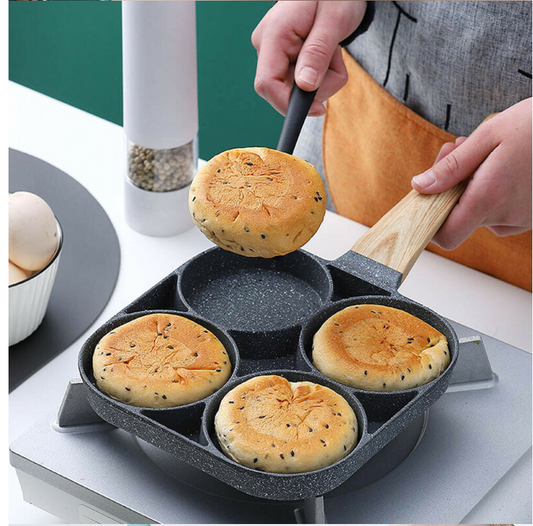 4 Hole Omelet Pan for Burger Egg Ham Pancake Maker Wooden Handle Frying Grill