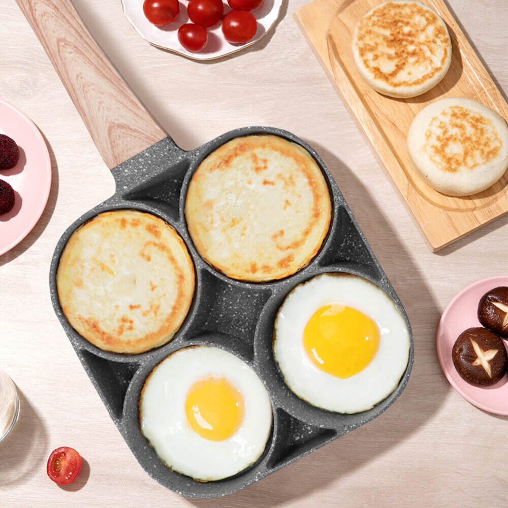 4 Hole Omelet Pan for Burger Egg Ham Pancake Maker Wooden Handle Frying Grill