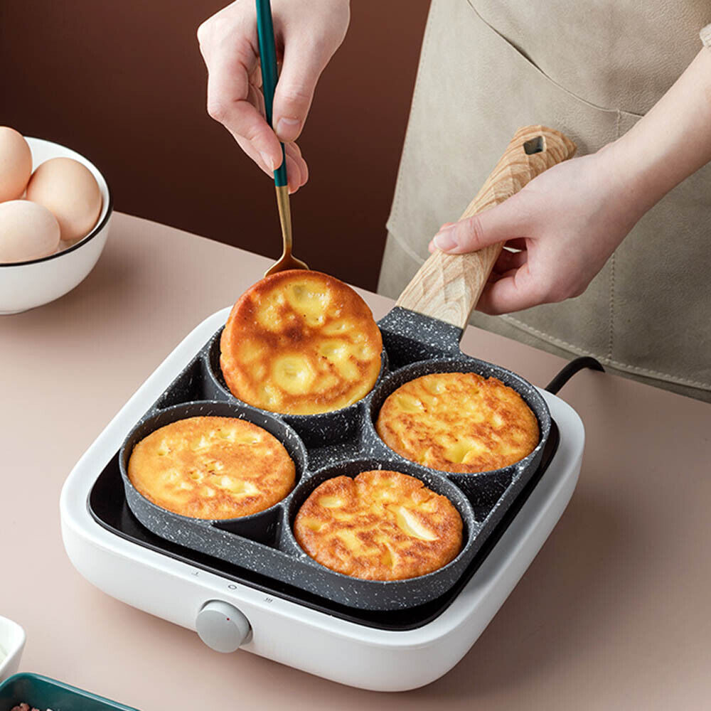 4 Hole Omelet Pan for Burger Egg Ham Pancake Maker Wooden Handle Frying Grill