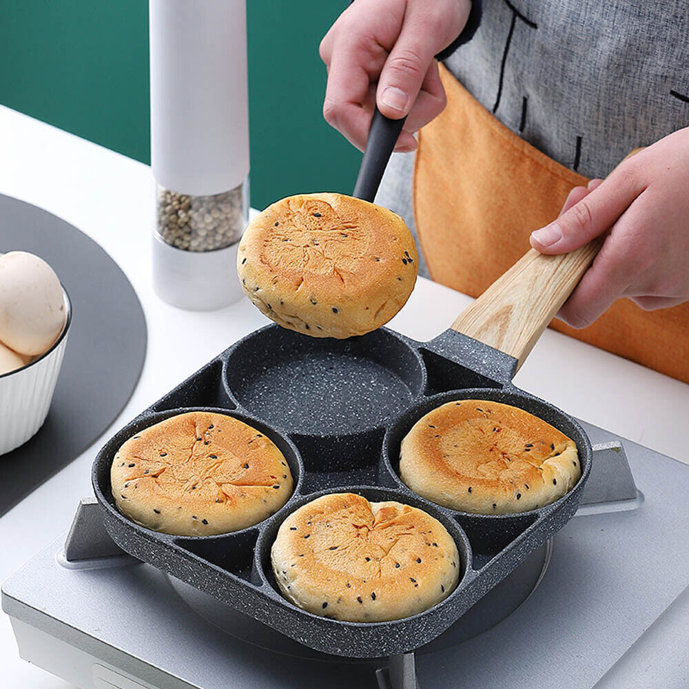 4 Hole Omelet Pan for Burger Egg Ham Pancake Maker Wooden Handle Frying Grill