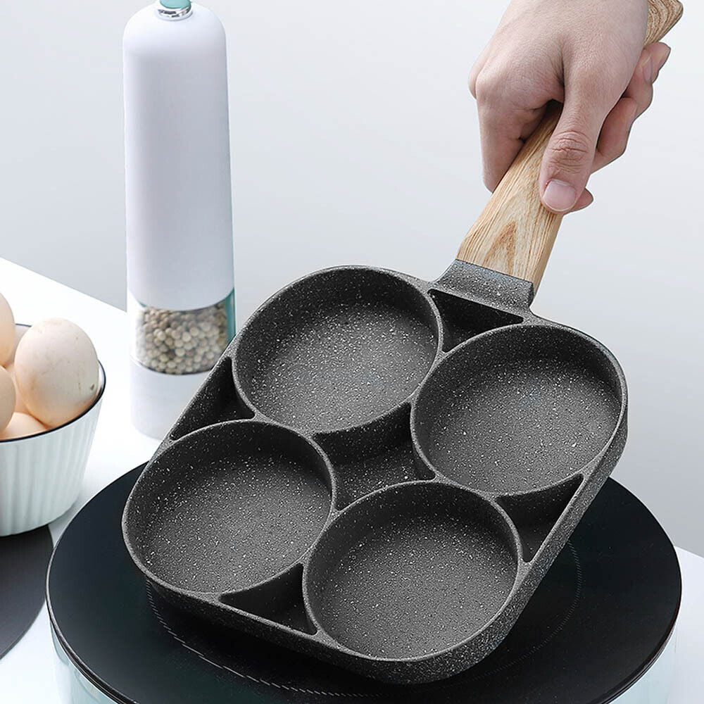 4 Hole Omelet Pan for Burger Egg Ham Pancake Maker Wooden Handle Frying Grill