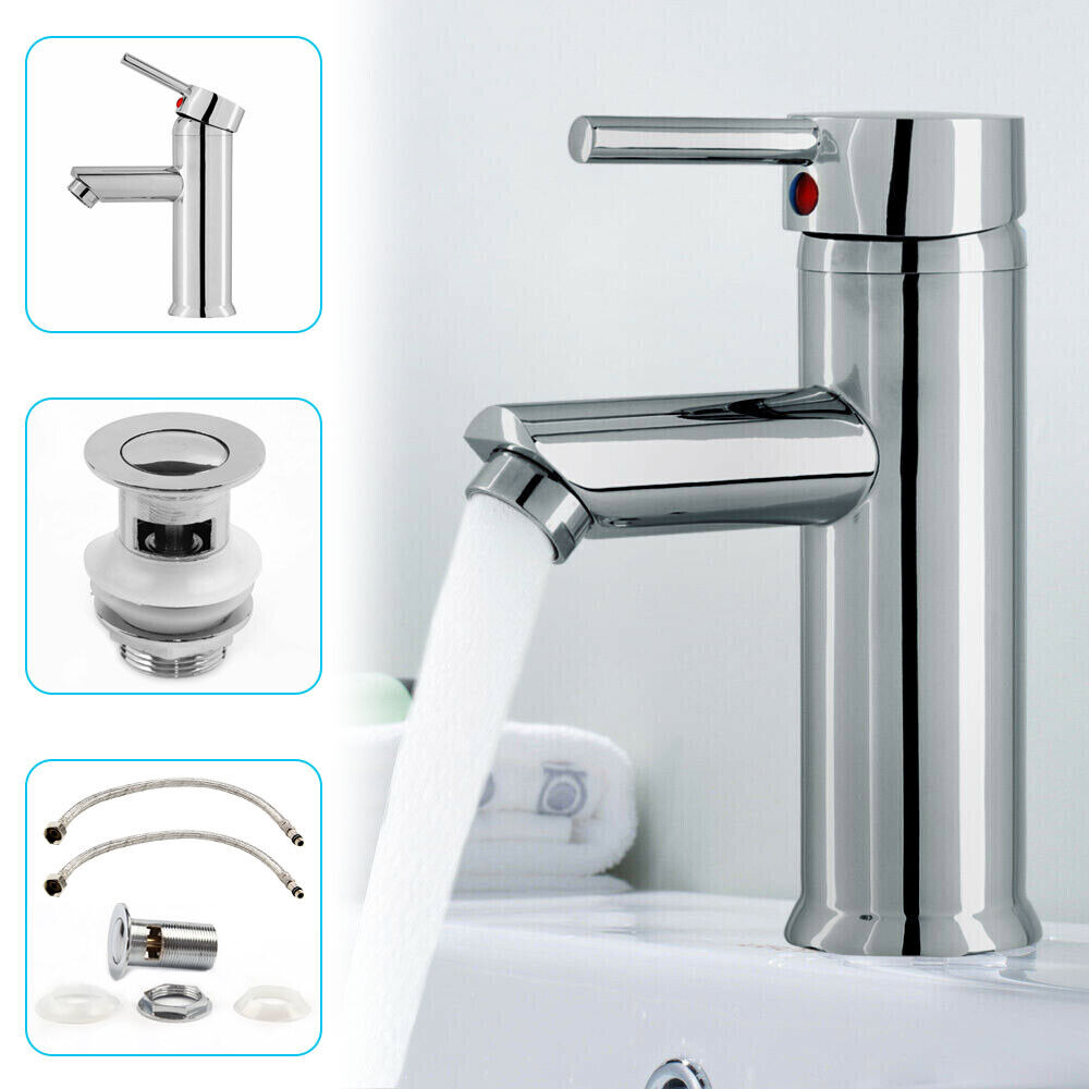 Bathroom Single Lever Basin Mono Mixer Tap With Waste Unit Chrome Brass UK