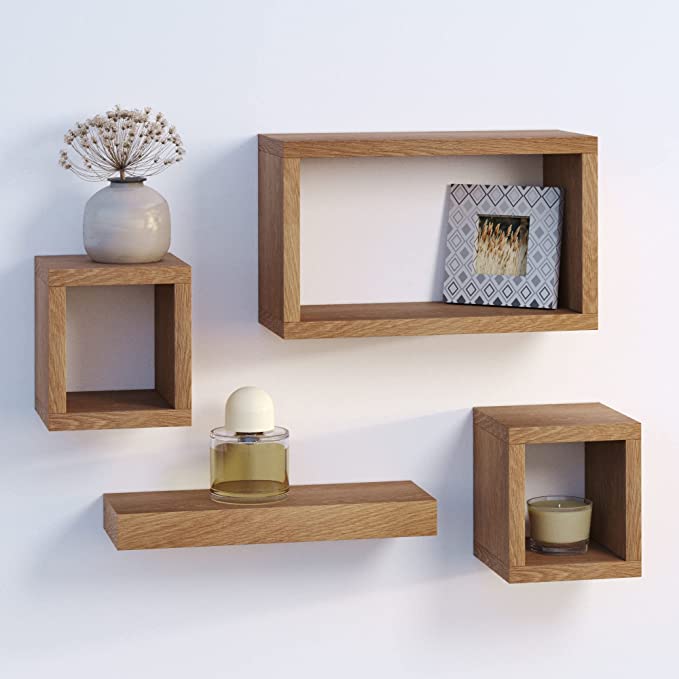 Set Of 4 Hanging Wooden Floating Shelves