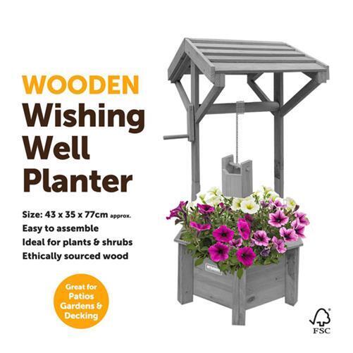 Grey/Wooden Wishing Well Planter for Garden | Indoor | Outdoor | Solid Natural Wood