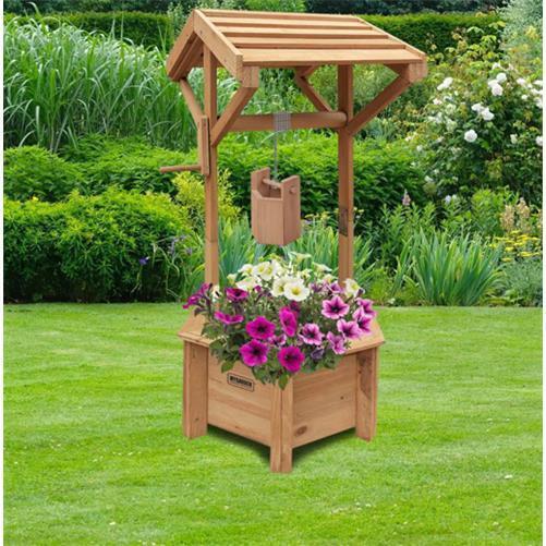 Grey/Wooden Wishing Well Planter for Garden | Indoor | Outdoor | Solid Natural Wood