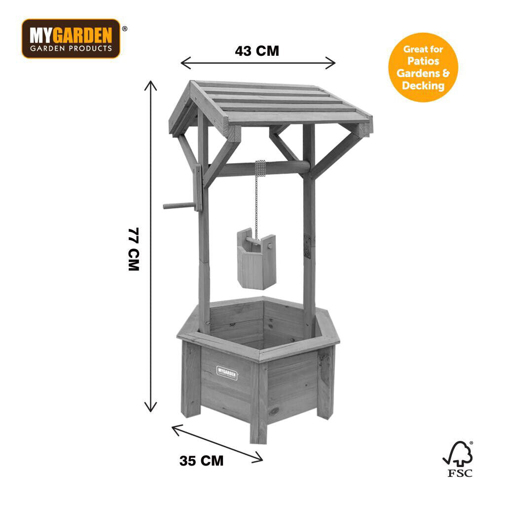 Grey/Wooden Wishing Well Planter for Garden | Indoor | Outdoor | Solid Natural Wood