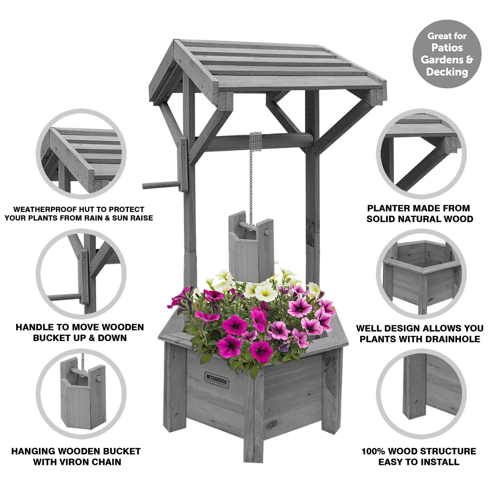 Grey/Wooden Wishing Well Planter for Garden | Indoor | Outdoor | Solid Natural Wood