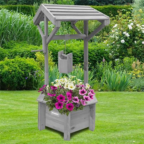 Grey/Wooden Wishing Well Planter for Garden | Indoor | Outdoor | Solid Natural Wood