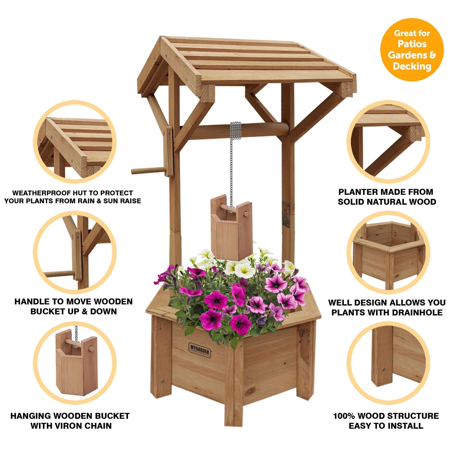 Grey/Wooden Wishing Well Planter for Garden | Indoor | Outdoor | Solid Natural Wood