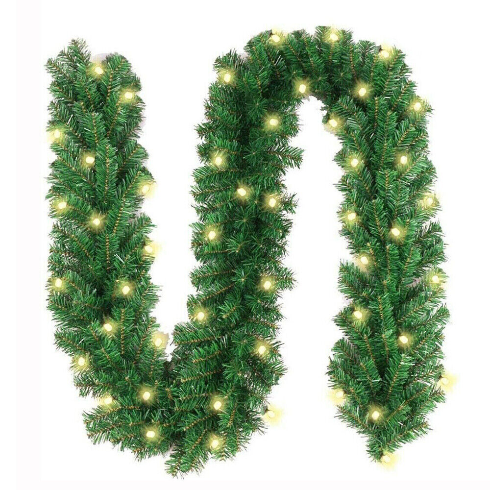 9FT Pre Lit Christmas Garland with Lights Door Wreath Xmas Fireplace Decor LED