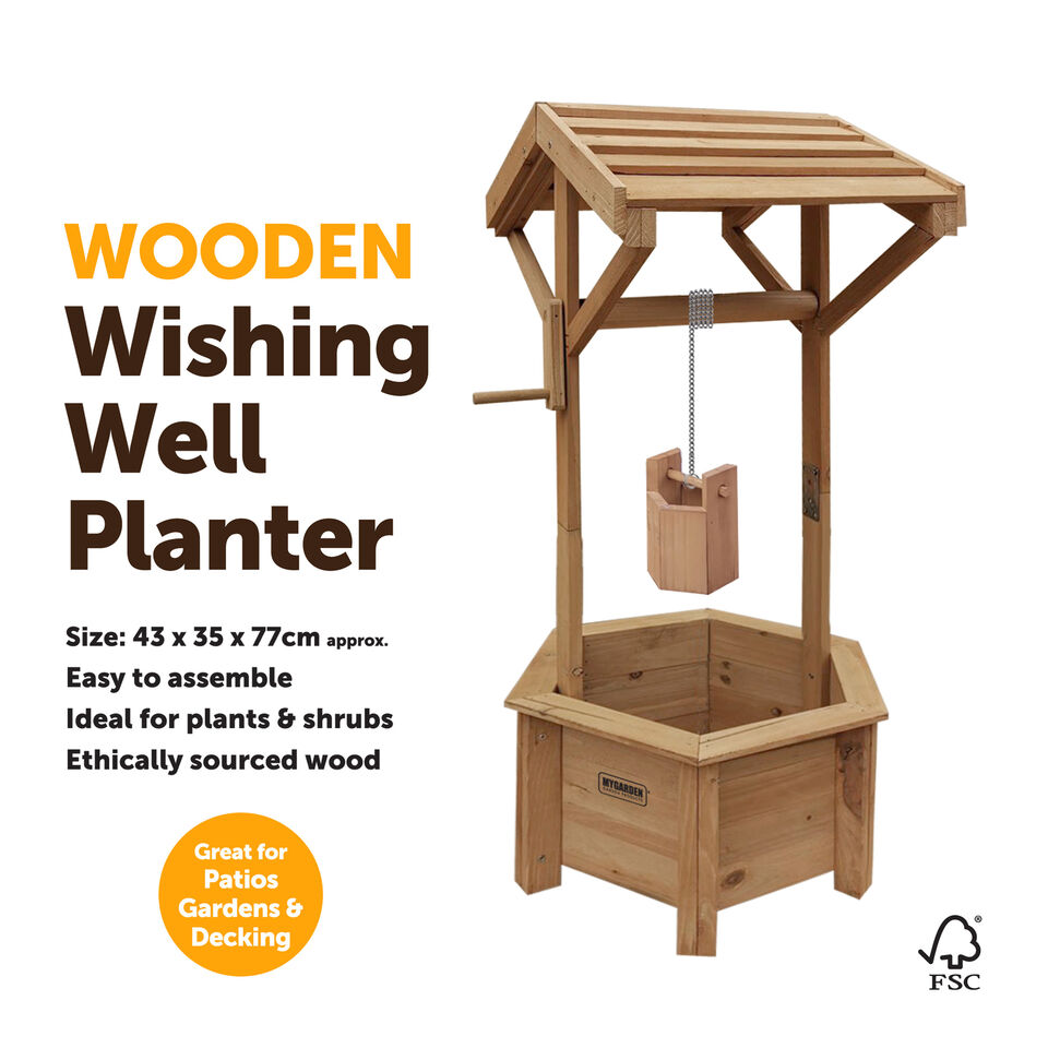 Grey/Wooden Wishing Well Planter for Garden | Indoor | Outdoor | Solid Natural Wood