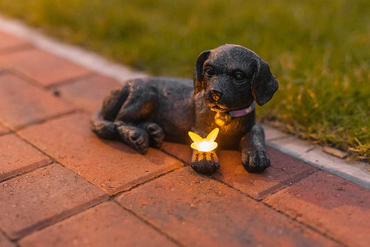 Solar Dog Garden Ornament LED Laying Puppy Statue Light Up Animal Outdoor Decor