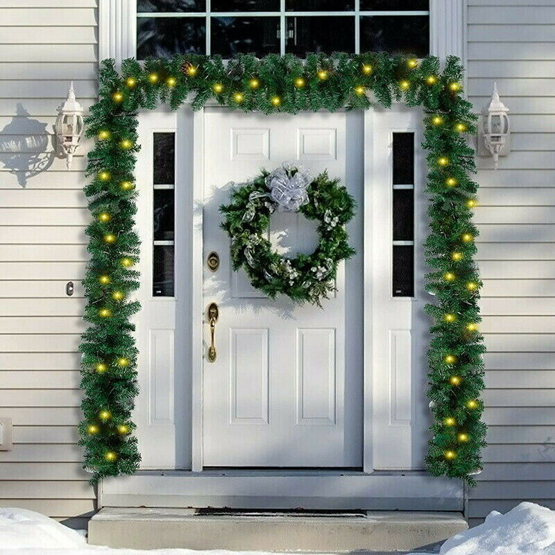 9FT Pre Lit Christmas Garland with Lights Door Wreath Xmas Fireplace Decor LED