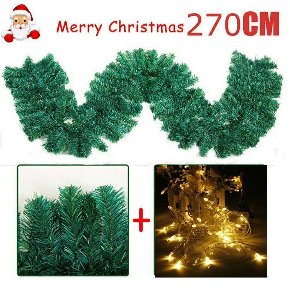 9FT Pre Lit Christmas Garland with Lights Door Wreath Xmas Fireplace Decor LED