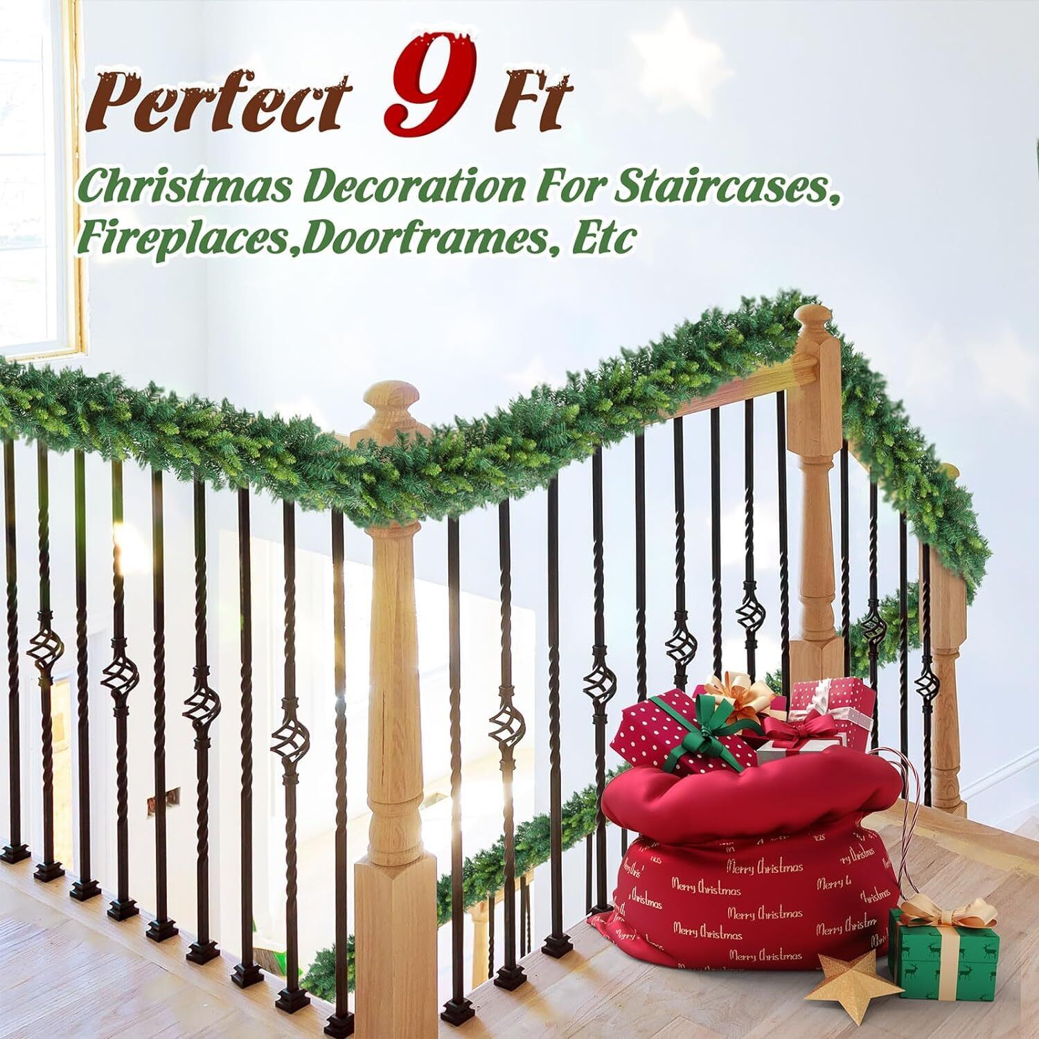 9FT Pre Lit Christmas Garland with Lights Door Wreath Xmas Fireplace Decor LED