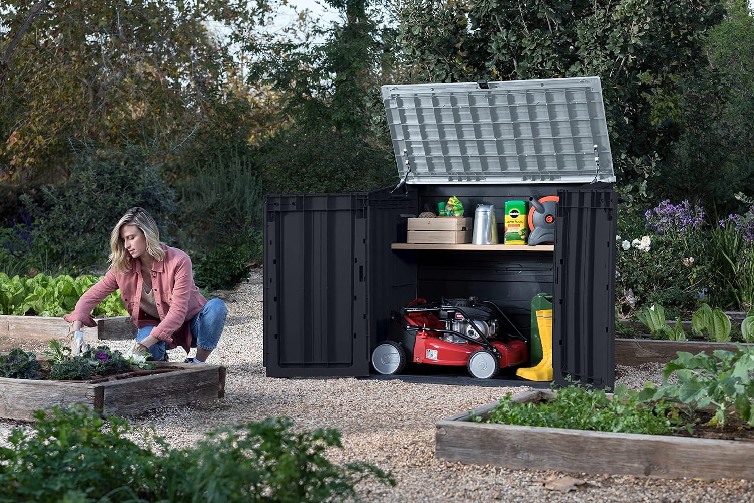 Outdoor Garden Storage Shed, 132 x 71.5 x 113.5 cm, Dark Grey with Light Grey Lid