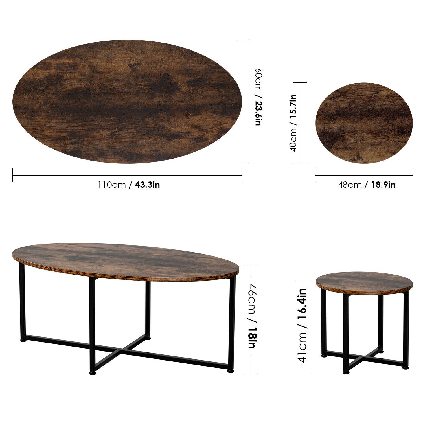 Coffee Tables Set of 2 End Table Industrial Side table Oval Living Room Tables