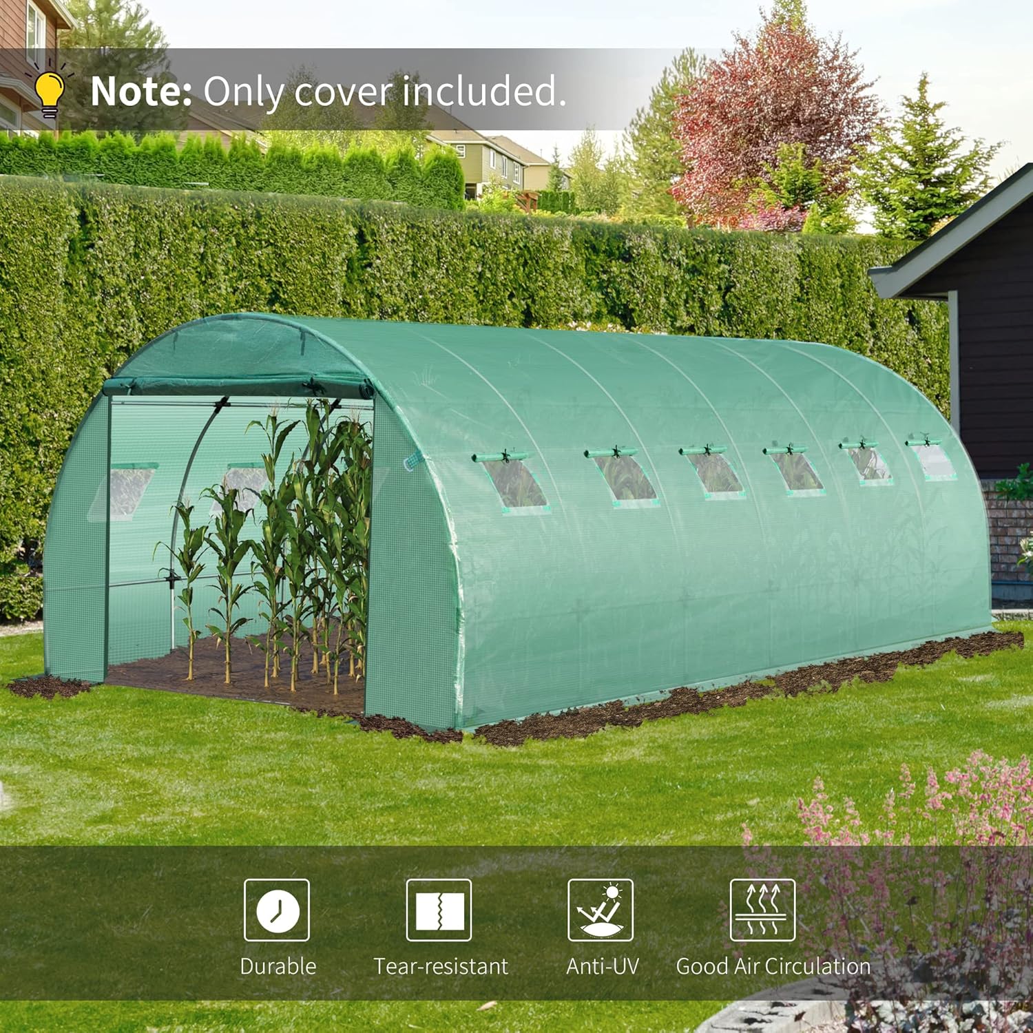 6 x 3 x 2m Greenhouse Replacement Cover ONLY Winter Garden Plant PE Cover for Tunnel Walk-in Greenhouse with Roll-up Windows Door Outdoor, Green